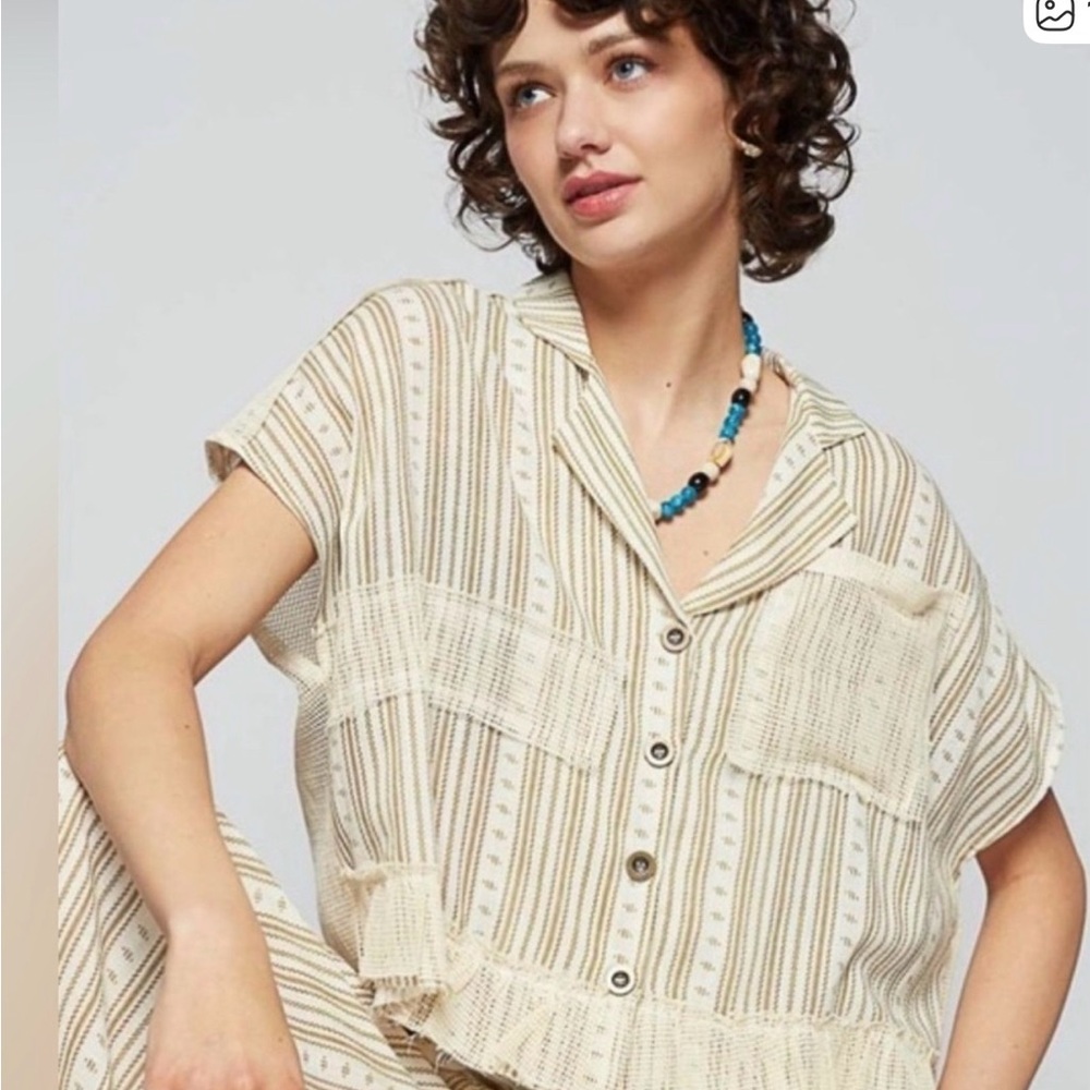 POL Cream and Brown Striped Crop Top